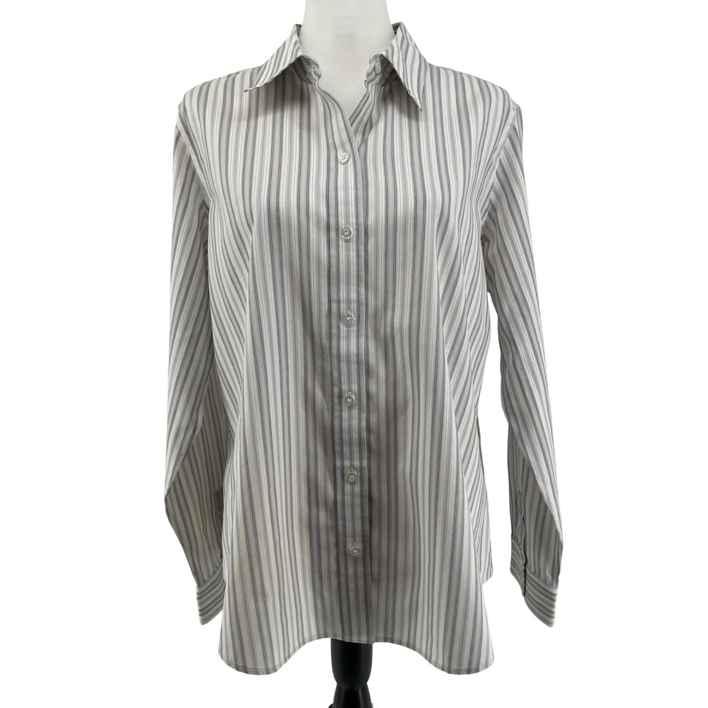 Liz Claiborne Button Shirt Womens 16 Grey Blue Striped Non-Iron Cotton Career